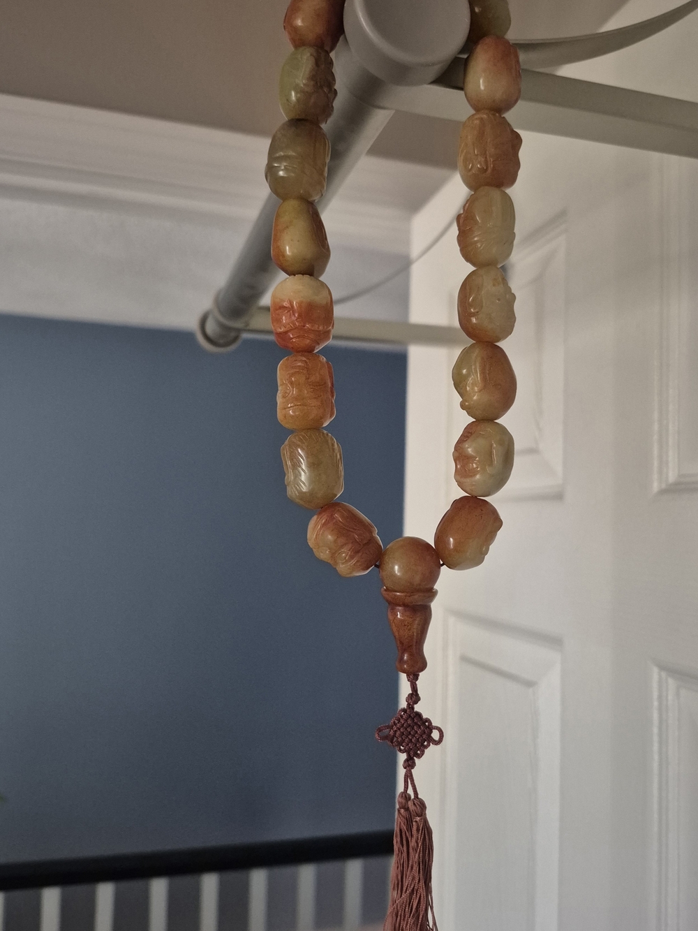 Chinese Prayer Beads Carved Stone Beaded Necklace in Warm Amber Tones